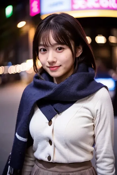 (Masterpiece,  best quality, Perfect Anatomy,  highres icon, 8k, realistic, photo realistic, natural skin texture, no makeup:1.2), Japanese girl stops watching Christmas illuminations, age20, (very cute:1.2), shy smile, (large breasts and perfect style:1.2...