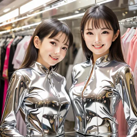  Japanese mother and daughter buttoned in extremely tight shiny silver latex blouse,  reflection , Reflected light, Are in the store ,smile, 