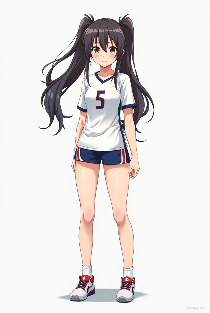 1 woman, volleyball player,  hair tied with ponytails,  simple background ,  anime traits, pose simples