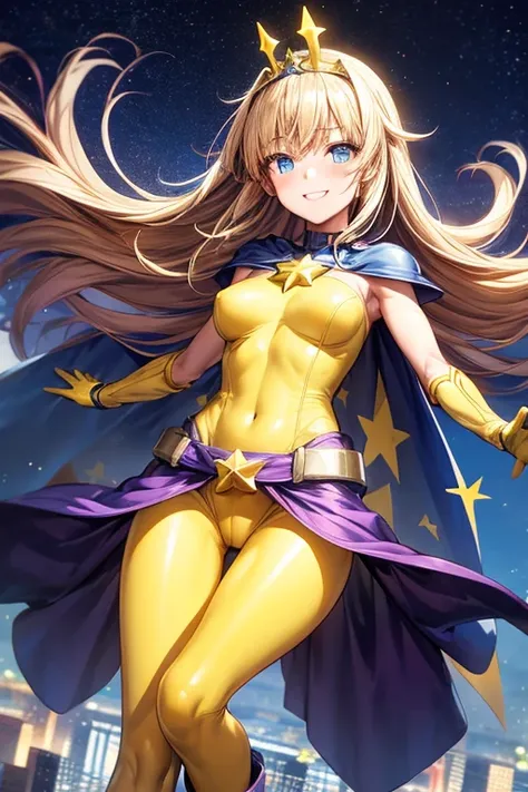 ((best quality)), ((masterpiece)), (detailed), 1 girl, 1, Smiling face, Blue eyes, Star-shaped tiara, Arms outstretched, Arms behind waist, Blue superhero mask, Blushing, Blonde hair, Straight hair, Long hair, Bangs, Hair ornaments, Star hair ornaments, Me...