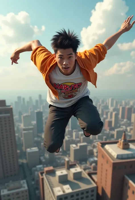 realistic asian guy jumping roof top wearing naruto tshirt, he look to the camera