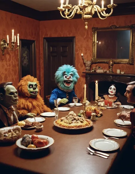 1970s style horror movie scene with strange horrific persons with horrific scary mask, strange horrific stuffed animals, eating food around a dining table, animatronic, horror, monster movie, horror movie, puppet, 1970s, scifi, vintage, baroque style, hype...