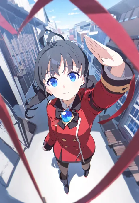 1 Girl， black double ponytail ， blue eyes ，Crimson coat， black pantyhose，blue gemstone brooch，salute，Red ribbon，boots，Look at it from above，Overlooking，The character looks at the camera ， Fisheye Lens ，Blurred view，（ black hair），（Red clothes