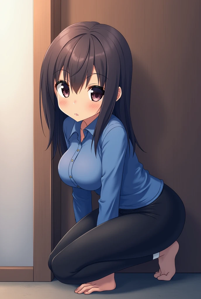 Anime girl wearing tight pants and a blue shirt leaning against the door, Picture by Kentaro Miura ,  pixib, What is it?？,  vanishing over, ( software ) safe for work,  boobs,  beautiful animated girl crouching , thick, Lower corner, thickもの,  Realistic Hi...