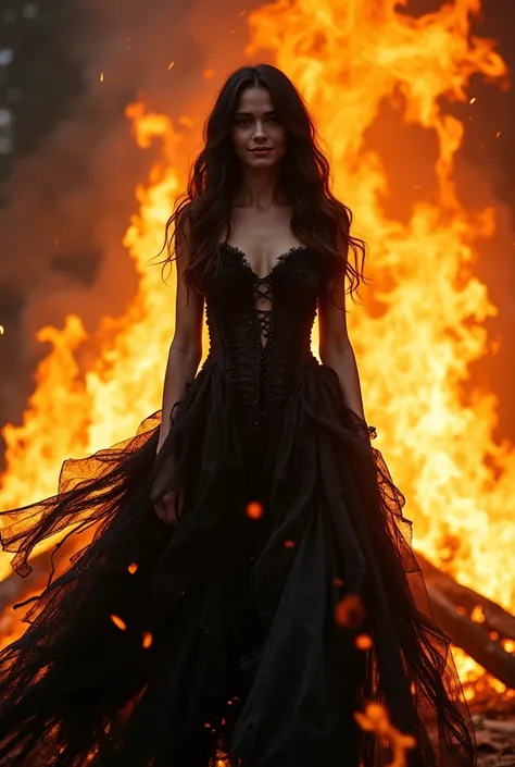 Brunette woman in a big dress made of black rags, In the midst of a bonfire smiling 