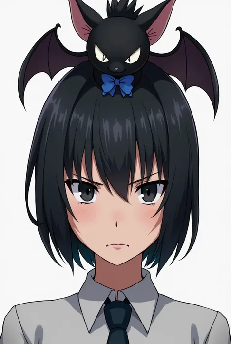 an anime character of a woman with  (cabello negro and su peinado sea una Cola alta pero corta) , (arriba de su cabeza que aanda un murciélago de piel negra and con un moño en su garganta
a de color azul el murciélago), (que tenga una cara super seria and ...