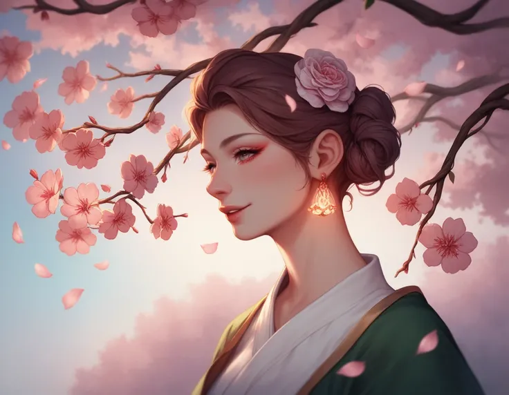 "A whimsical, -like fantasy character with large, expressive eyes and a soft, glowing complexion. The figure has delicate, vine-like hair intertwined with blooming cherry blossoms and is adorned with a dress made of natural elements, such as leaves and bar...