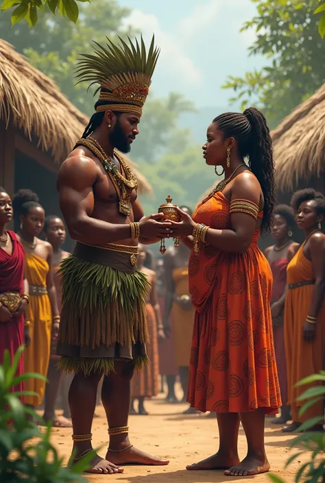 Handsome young chief proposing to a chubby beautiful woman in a Liberian village setting among a crowd of women 