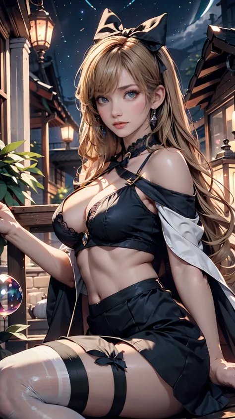  blowing soap bubbles under the stars 、 anime-style bright blond girl with purple eyes、Long eyelashes、Eye Makeup、 lip gloss、 twin tails(ribbon)、 off-shoulder tops 、Underboob visible、 Low Rise Micro Mini Skirt、 stockings of different colors 、Stiletto heels、...