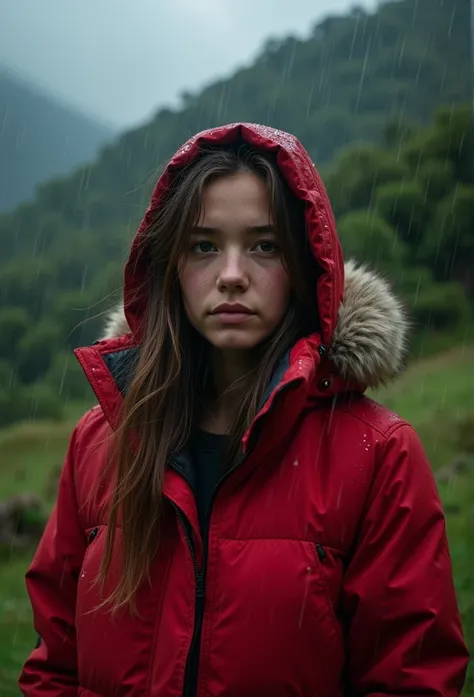 brown hair,white skin,22 years old, Isabella wearing a thick red parka , wearing the hat ,  a heavy rain falls on her clothes and face ,  the sky is obscured by black clouds and the wind is hurting against trees and vegetation,  the scene takes place in a ...