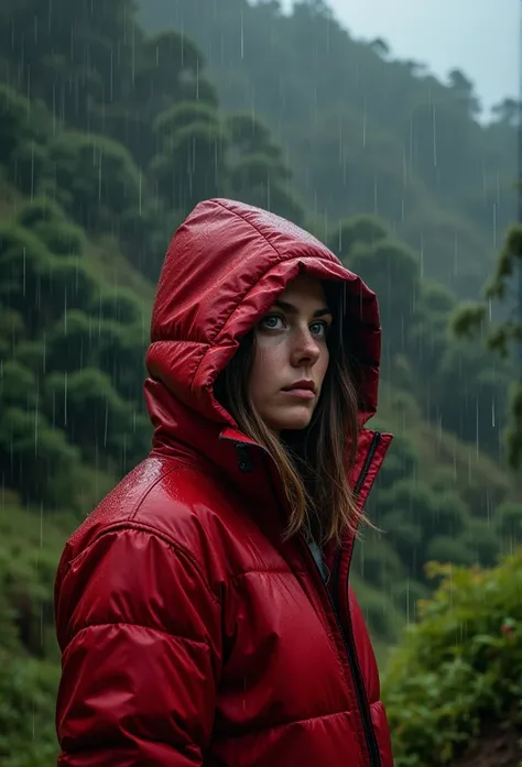 brown hair,white skin,22 years old, Isabella wearing a thick red parka , wearing the hat ,  a heavy rain falls on her clothes and face ,  the sky is obscured by black clouds and the wind is hurting against trees and vegetation,  the scene takes place in a ...