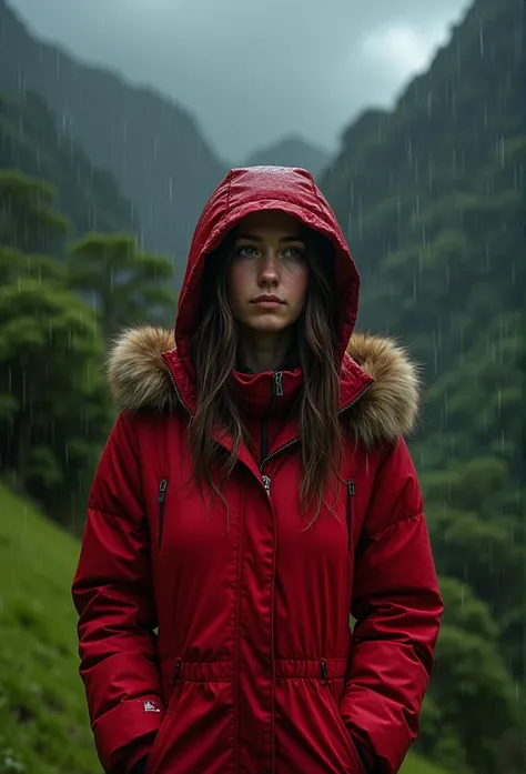 brown hair,white skin,22 years old, Isabella wearing a thick red parka , wearing the hat ,  a heavy rain falls on her clothes and face ,  the sky is obscured by black clouds and the wind is hurting against trees and vegetation,  the scene takes place in a ...