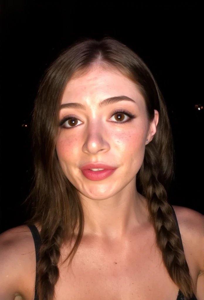 The image is a selfie of a young woman with light skin, taken at night using an IPhone flash camera, showing her face and part of her shoulders. She has a button nose with a cute smirk and large brown eyes. Her hair is a light brown, styled in two long bra...