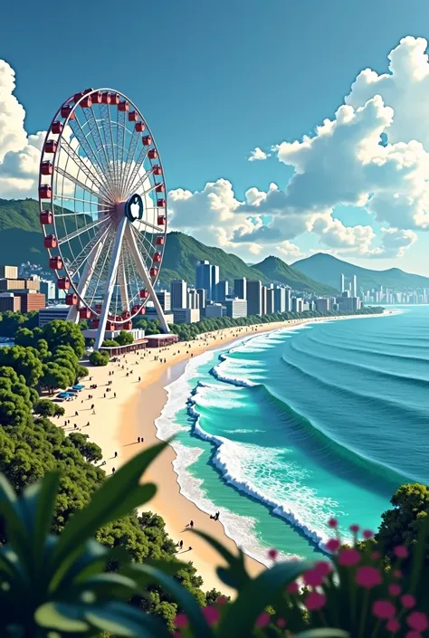 Create an image of Balneário Camboriú with a Ferris wheel overlooking the beach with an Apple symbol 