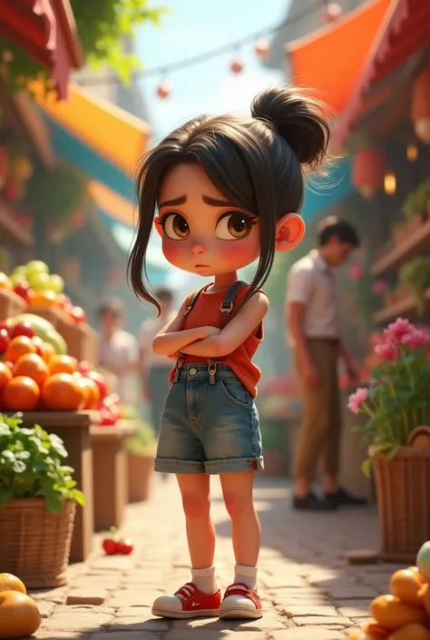  girl, Stand sideways, Hands, feet, waist, Pouting, Make an angry face, Fresh market background , รูปแบบ 3D Disney-Pixar