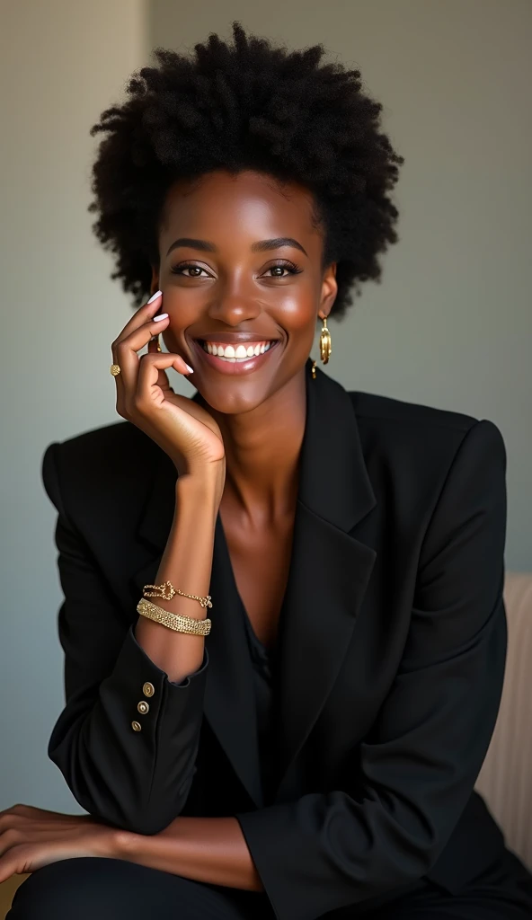 Confident woman with afro hair wearing a black button-down shirt and a black blazer draped over her shoulders. She sits in a relaxed, professional pose, with one hand gently touching her face, and she wears delicate gold accessories including earrings, bra...