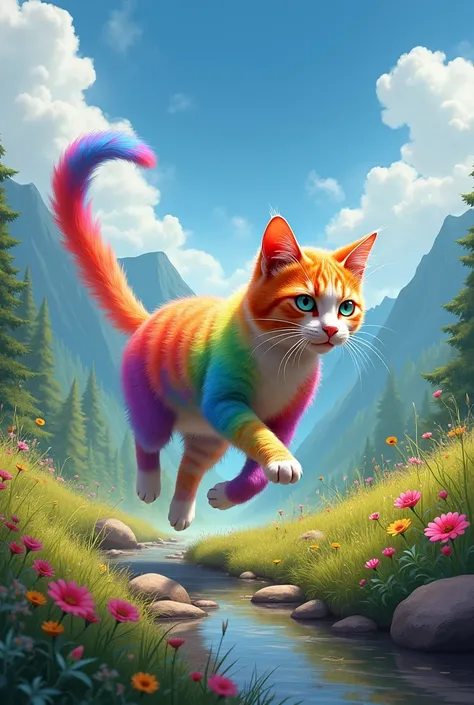 A cat that sprints through a beautiful landscape ,  the cat is said to be in rainbow colors and has a long, fluffy tail