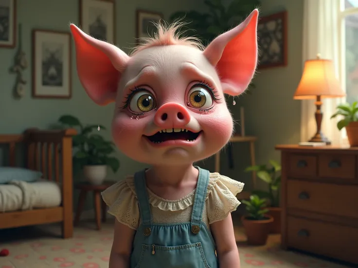 "Create a surreal and emotional digital artwork depicting a humanoid character with a pink pigs head, looking older with wrinkles and age marks on his face. The character should have large, expressive eyes, tears streaming down his cheeks, and an open mout...