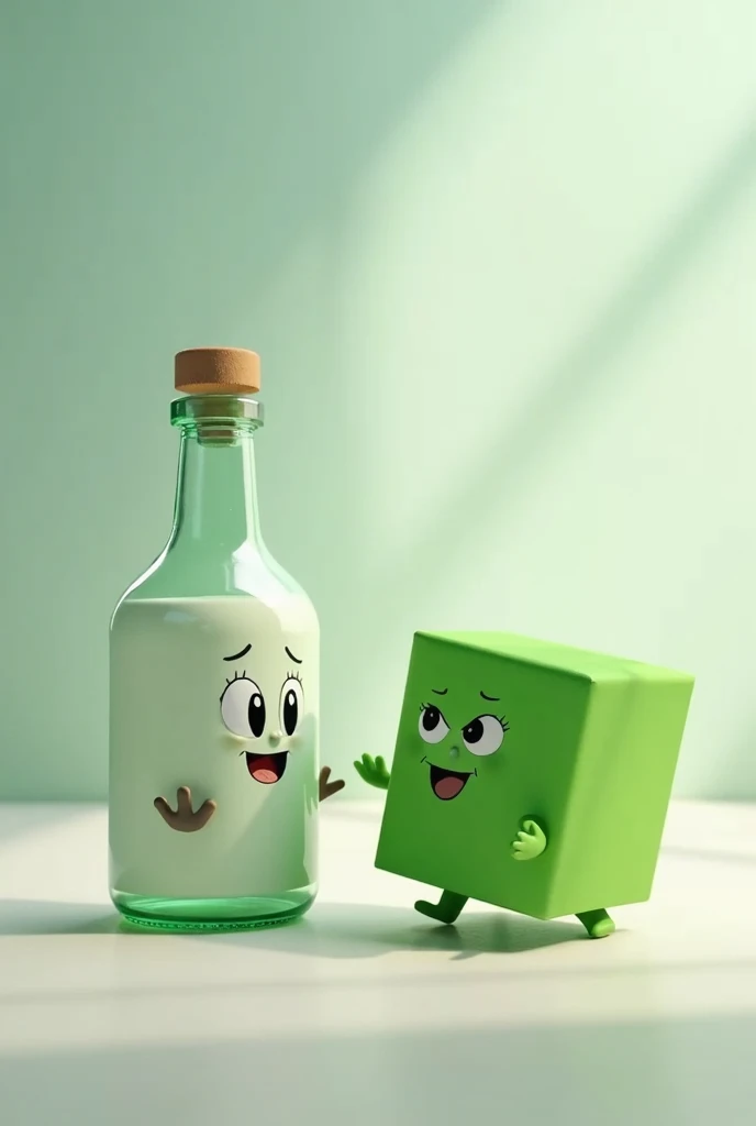 GENERATE AN IMAGE OF AN ANIMATED GLASS BOTTLE FOR REN TALKING TO A GREEN CUBE THAT IS A LITTLE LARGER THAN GLASS THAT IS ANIMATED IN PNG FORMAT