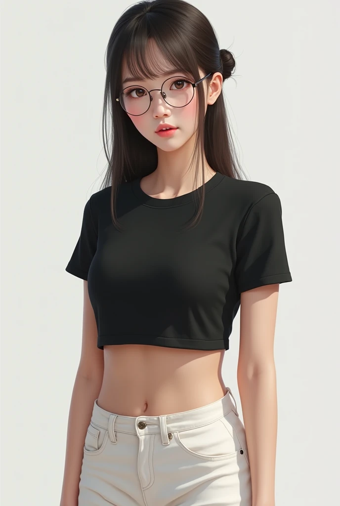 (Photorealism:4.3) solo women 18
 wearing black full t shirt and white shorts, height 160 cm ,with perfect figure, circular face wearing circular glasses, tied long hairs, breasts size 100 cm