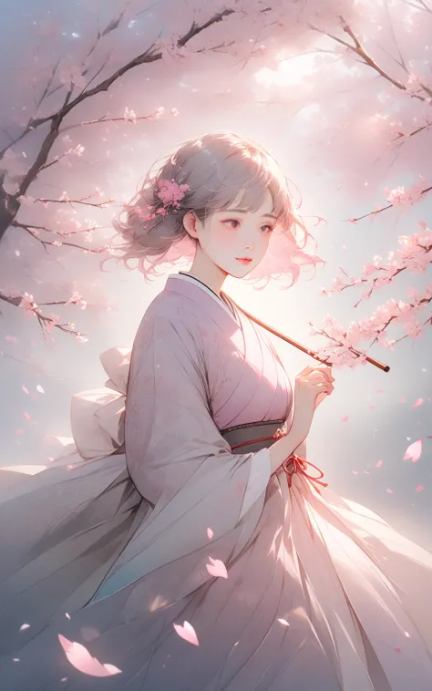 Sakura Dream
A serene spring evening under a canopy of cherry blossoms, a girl wearing a pink and black kimono-style dress with cherry blossom motifs. Her dress flows in the breeze, and petals dance around her. She holds a delicate paper umbrella, its surf...