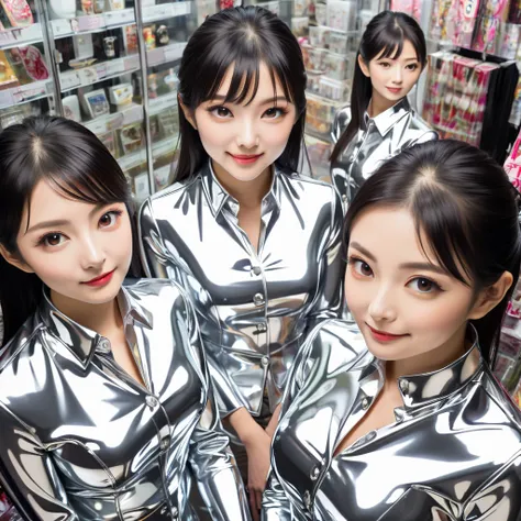  Japanese mother and 2 daughters buttoned in extremely tight shiny silver latex blouse,  reflection , Reflected light, Are in the store ,smile, Necktie, Strong Makeup,from above, 