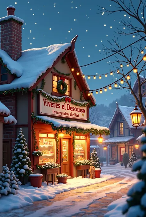 HORIZONTAL CHRISTMAS BACKGROUND WITH A SUPER NICE NEIGHBORHOOD STORE OTHER THAN CHRISTMAS AND LIVELY AND A SIGN THAT SAYS "VIVERES EL DESCANSO "
