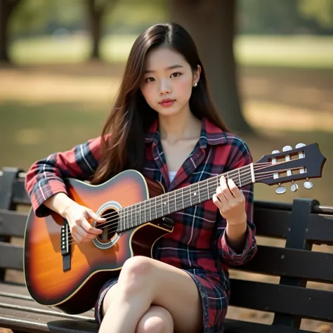 
 Araf woman with guitar sitting on park bench,  with glazed tile skin ,  eyes very detailed , Cheek red, pink , Black woman ,  Extra-long hair 2m long ,  Use a bright red, black, blue plaid shirt. Beautiful South Korea,  guitarist , Holding a , Play the g...