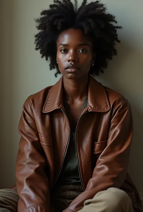 Beautiful young african woman in the leather bomber oversize jacket and sitting on the floor