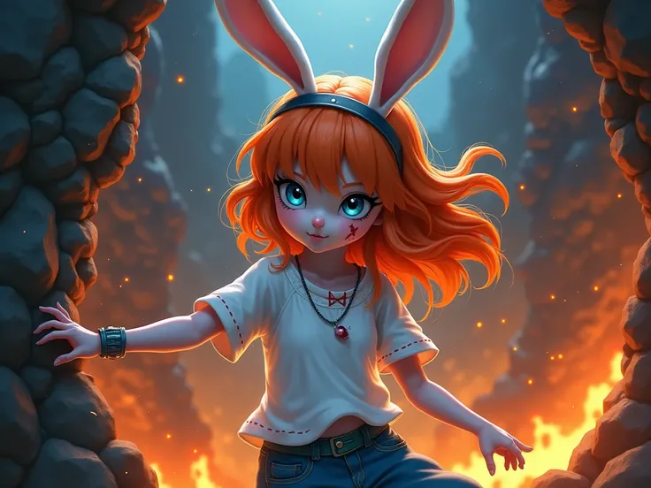 cute human girl (beautiful), white skin, bright orange hair, blue eyes, scratches on face, dynamic pose, attacked by wall demon, fantasy lava cave background, mysterious atmosphere, cool color tone, wearing rabbit headband