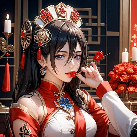 (( top quality)), ((masterpiece)), ( Details), （ perfect face）、The woman is a dark-haired Mikasa Ackerman, prepared to become an ideal Chinese woman, brilliantly completed by an elegant and beautiful Chinese noblewoman, presented to an elderly man in power...