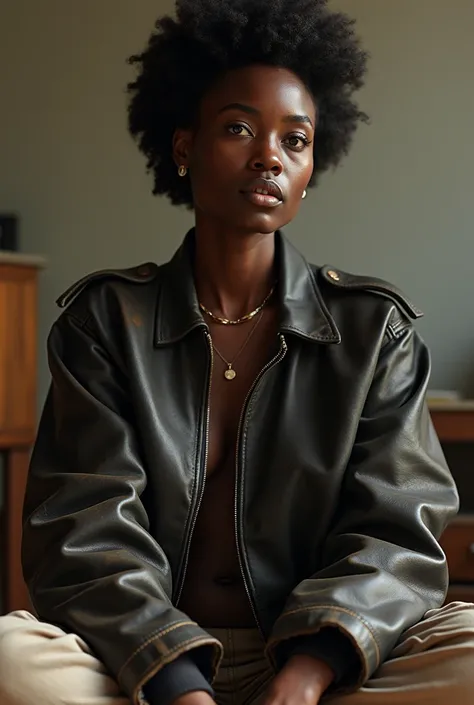 Beautiful young african woman in the leather bomber oversize jacket and sitting on the floor