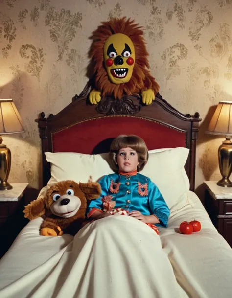 1970s style horror movie scene with strange horrific persons with horrific scary mask, strange horrific stuffed animals, sleeping in a bed, animatronic, horror, monster movie, horror movie, puppet, 1970s, scifi, vintage, baroque style, hyperrealistic, far ...