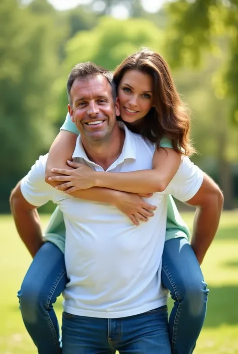 A cheerful and loving couple, with the 50-year-old husband, who weighs 85 kg, playfully giving his 44-year-old wife a piggyback ride. The husband has a sturdy build and is dressed casually in blue jeans and a white polo shirt. The wife has brown hair and i...