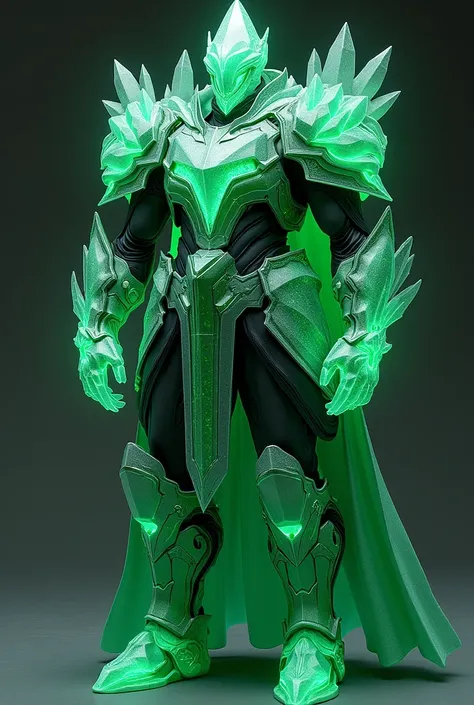 (photorealism:1.2), (epic) (fantasy) (crystal) ((glowing green)) ((armor)) draw me a set of armor made of thick, shining green crystals. a helmet that covers the nose and mouth at the front like a mask that only shows the eyes, two elbow-length gloves, bod...