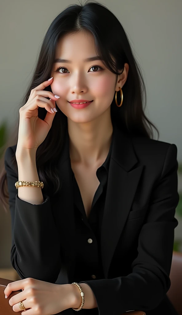 Confident 90kg woman with fair skin and long straight black hair, wearing a black button-down shirt and a black blazer draped over her shoulders. She sits in a relaxed, professional pose, with one hand gently touching her face, and she wears delicate gold ...