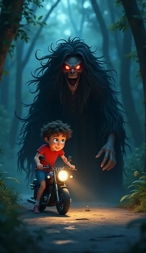 Encountering the Witch**  
Prompt:  
"A Pixar-style cartoon man with a large, fluffy mane of hair and big blue eyes, wearing a red T-shirt and blue shorts, is frozen in fear on his motorbike as a terrifying witch appears before him. The witch has glowing r...