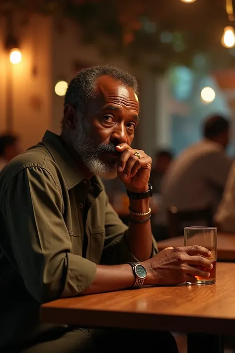 An African man in a restaurant drinking alcohol 