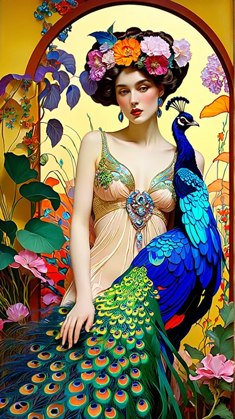 breathtaking Jugendstil scene, Leon Bakst inspired,hot, sexy, nude, sensual, erotic, sexually, curvy, delicious body, dreamy fantasy paradise, vibrant, serialist colorful patterns, Art Nouveau style, lush tropical garden, sprawling florals, peacocks, elega...