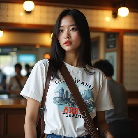 
 Araf woman in the park ,  with glazed tile skin ,  eyes very detailed , Cheek red, pink , Black woman ,  Extra-long hair 2m long , 38-inch chest ,  Strong abdominal muscles ,  Use a bright blue red plaid shirt. Beautiful South Korea,  guitarist , Holding...