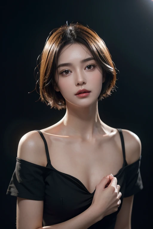  Black Short Sleeve Blouse With Flesh Attached :1.2,  looking at the audience,  movie lighting ,  perfect,  soft light ,  high resolution:1.2,  Realistic Touch Skin ,Small face, Open shoulders,Bust B Cup、  exposes her cleft chest ,  double eyelids , Short ...