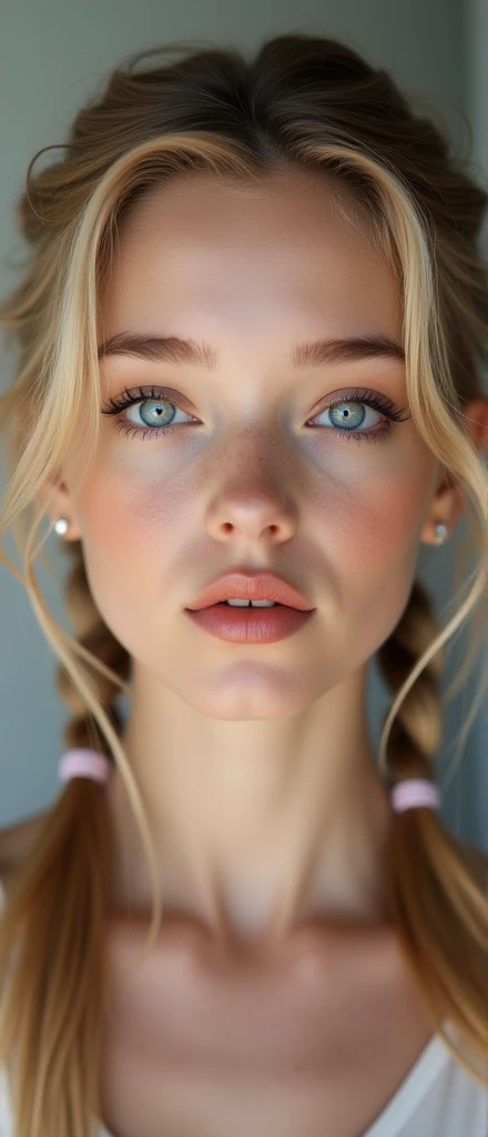  a girl,   sexy 18 year old girl  , pigtails,  beautiful face, gorgeous,  beautiful,  beautiful,  beautiful face, pale skin, regions,  blond hair , Blue eyes,  Full, shiny lips ,   big lips,   Thick lips,   half-open lips  ,   light pink lip gloss  ,  4k, ...