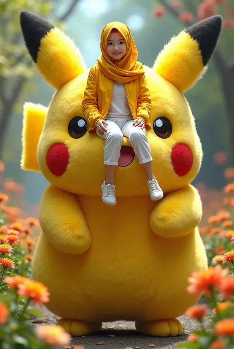 (photorealism:1.2), side view of a very large yellow Pikachu doll with fluffy and thick fur looking very cute walking down in a flower,  on the back of the doll is ridden by a beautiful Thai woman wearing a sari hijab in yellow color , white t-shirt wearin...