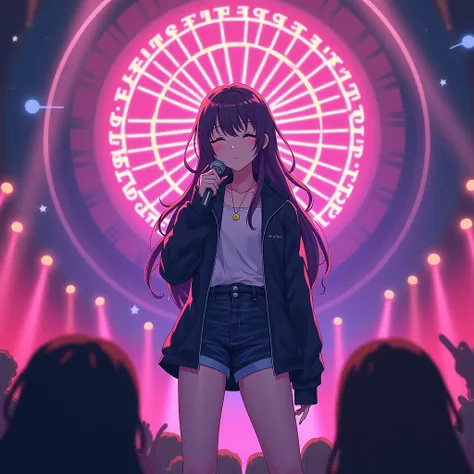 A dynamic and intense anime-style image featuring a confident J-idol with a microphone in hand, surrounded by vibrant neon colors and dramatic lighting. The background showcases a spinning roulette wheel, symbolizing the risky game of love. The J-idol stan...