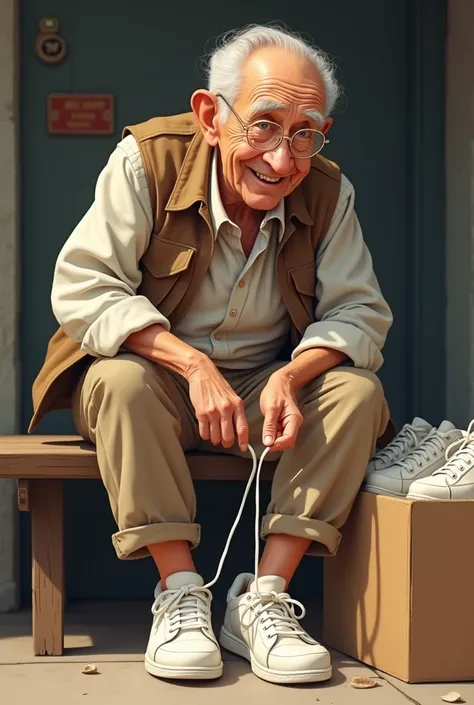  Business: An old man in beige pants puts a box of sneakers next to him and starts straightening the laces on the white sneakers.  He looks excited and ready for an adventure .