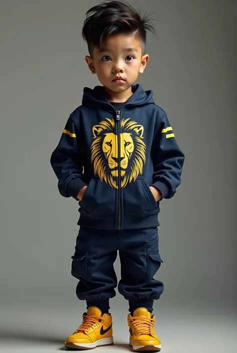 a young boy,  short stature ,  his skin is light and his eyes are dark .  The hair is dark brown , , hairstyle with a stripe in the middle .  The boy wears a dark blue tracksuit with a lion print in gold.  The sneakers are expensive , Yellow in color, y co...