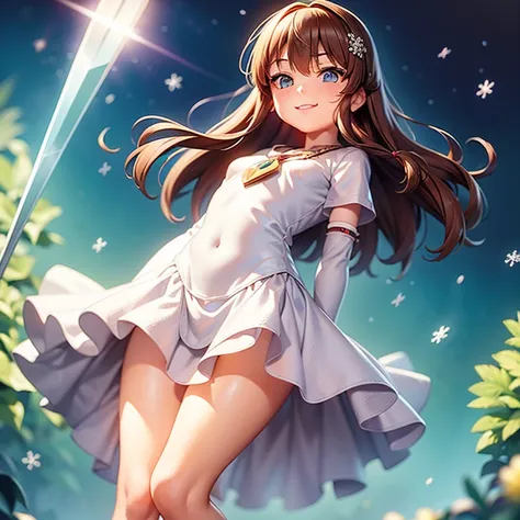 solo, pure happiness, Ultra-detailed, (Realistic, Photorealistic:1.0), vibrant colors, (winter background), heaven, falling snowflakes, cute  selfish 1girl princess, (holding a magical sword), wicked smirk, mean, walking, flat chest, skinny, very thin legs...