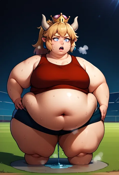 Bowsette,brown hair,blue eyes,blonde ponytail,small crown, number 8 red tanktop, black shorts, midriff, number 8, standing, sweaty, exhausted, hand on hips soccer field, science fiction, outdoors, (insanely detailed, masterpiece, best quality), sweating pr...