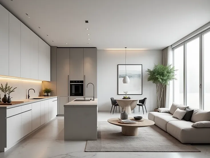 kitchen living room,dining interior design ,modern style ,white grey theme