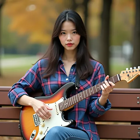 
 Araf woman in the park ,  with glazed tile skin ,  eyes very detailed , Cheek red, pink , Black woman ,  Extra-long hair 2m long , 38-inch chest ,  Strong abdominal muscles ,  Use a bright blue red plaid shirt. Beautiful South Korea,  guitarist , Holding...